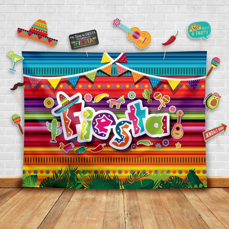 Glittery Garden Fiesta Theme Photography Backdrop & Studio Props Kit, Cinco De Mayo Party Decorations, Mexican Photo Booth Background for Pictures, Summer Pool Mexicana Birthday Party Supplies - Image 1